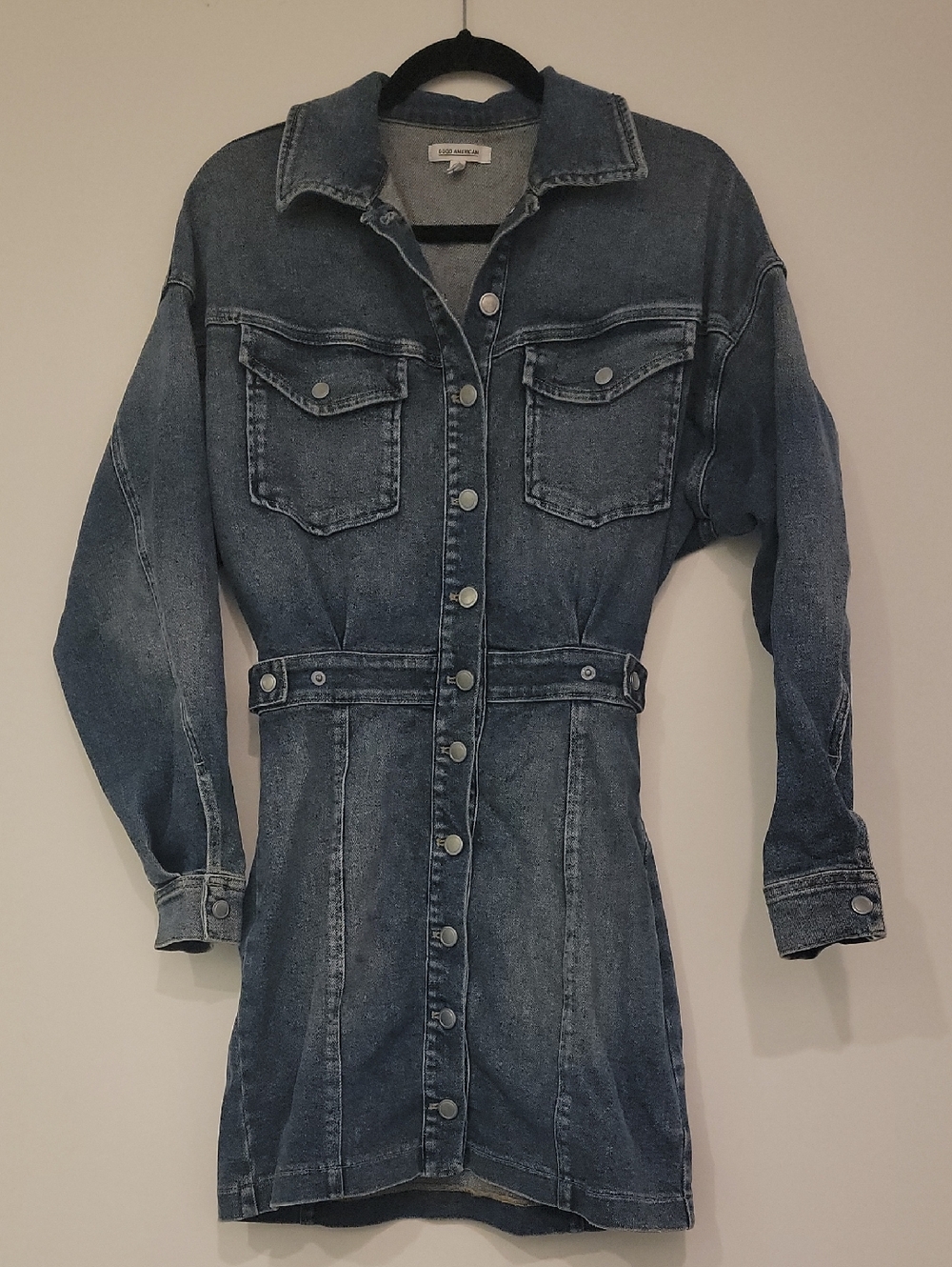 Good American Streth Denim Long Sleeve Mini Dress- adjustable waist- shirt dress